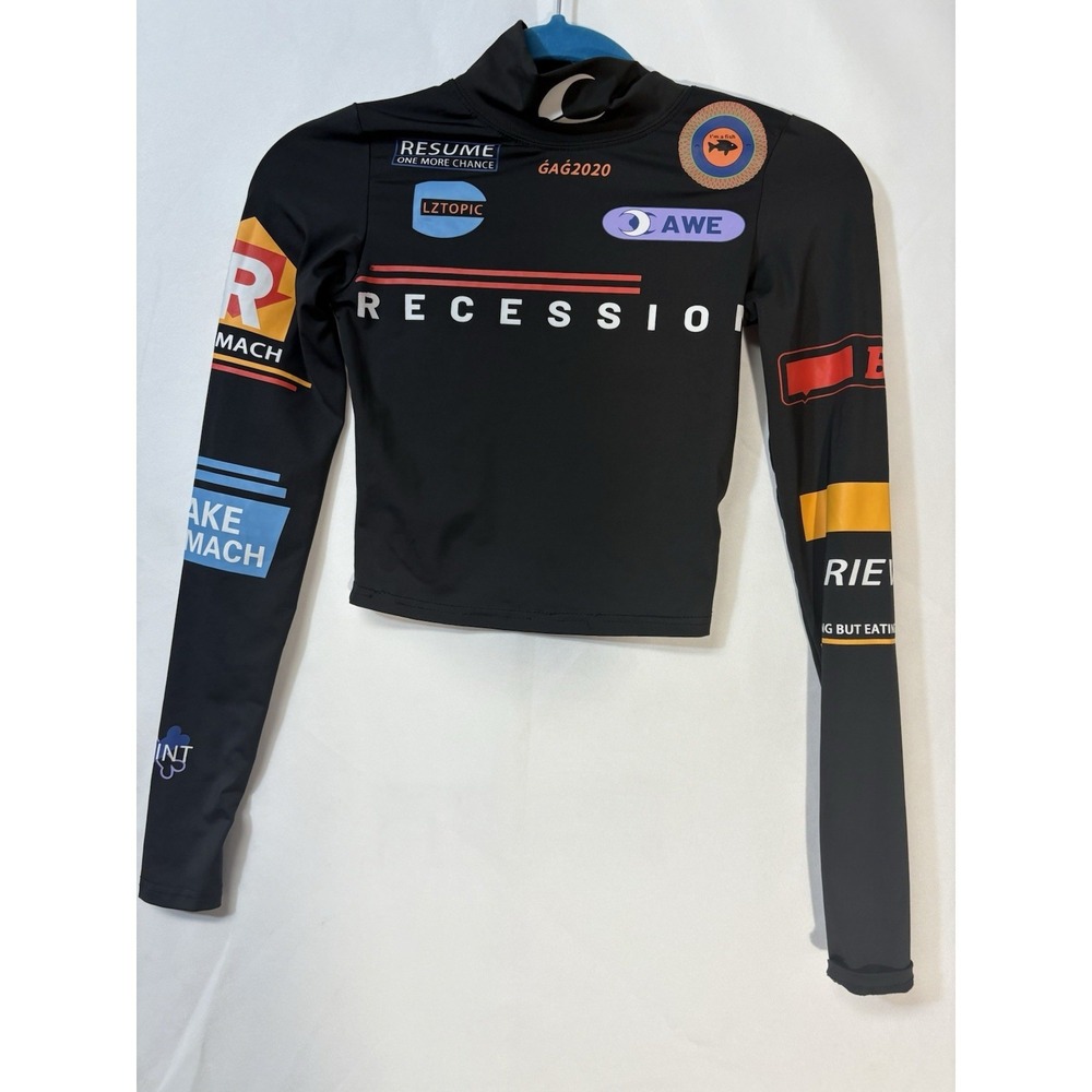 Meysikim Black Graphic Long Sleeve Mock Neck Crop Top Size S Street Wear Racing